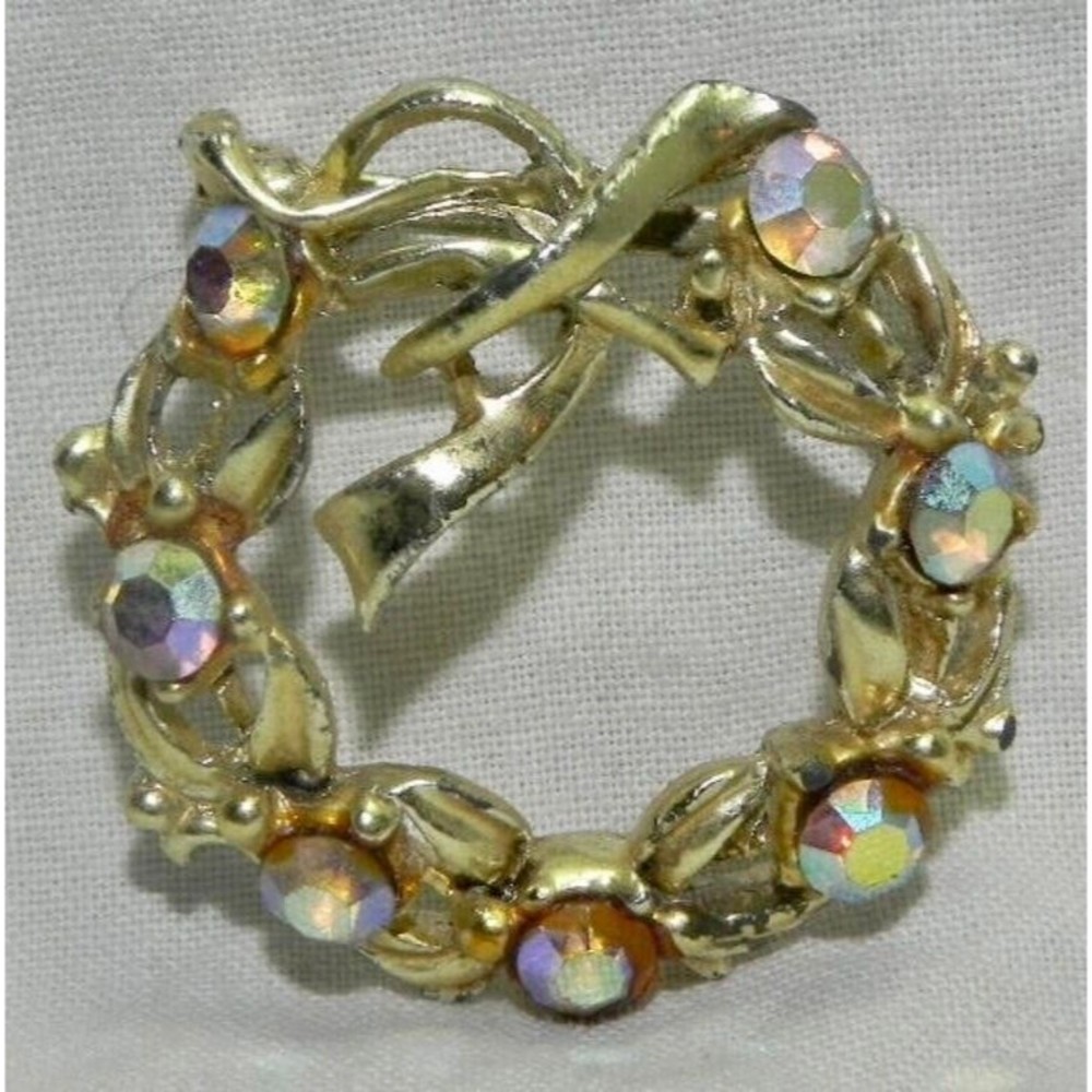 1960 Gold Tone Aurora Vintage Brooch Rhinestones, Circle - Picture 8 of 10